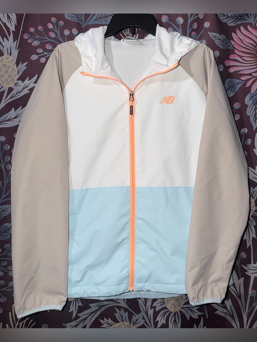New Balance White/Light Blue/Grey/Orange Colorblock Hooded Windbreaker